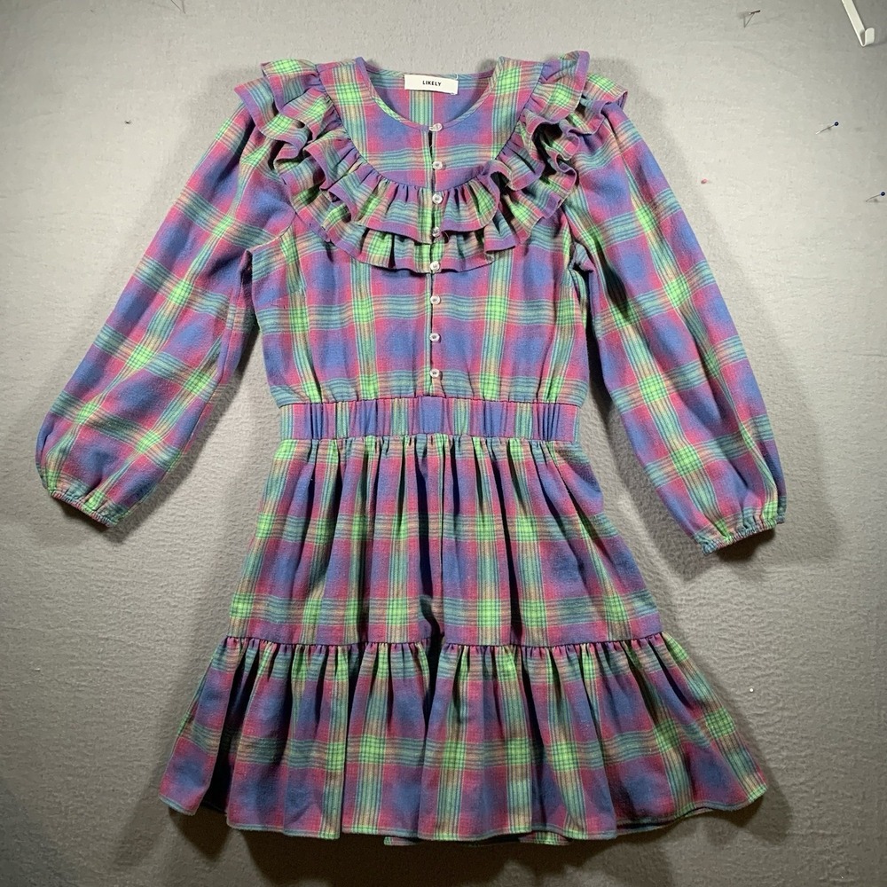 Likely Pink Multi Griffyn Plaid Ruffle Top Long Sleeve Mini Women